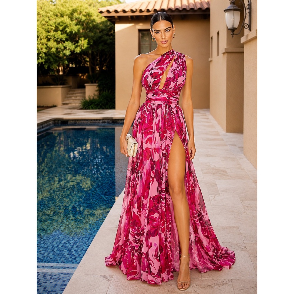 Bronx & Banco Camilla One Shoulder Maxi Dress Pink Floral Resort Wedding S 4 - Picture 1 of 11